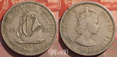Восточные Карибы 25 центов 1955 года, KM# 6, 240a-047