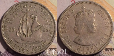 Восточные Карибы 25 центов 1961 года, KM# 6, 180a-116