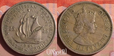 Восточные Карибы 25 центов 1961 года, KM# 6, 337i-119 ♛