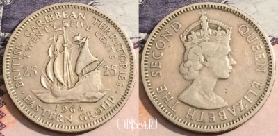 Восточные Карибы 25 центов 1964 года, KM# 6, 166-126