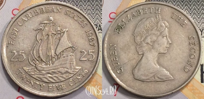 Восточные Карибы 25 центов 1987 года, KM# 14, 130-114