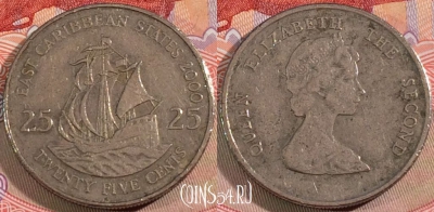 Восточные Карибы 25 центов 2000 года, KM# 14, 129b-127