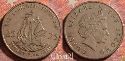Восточные Карибы 25 центов 2007 года, KM# 38, 346-038 ♛