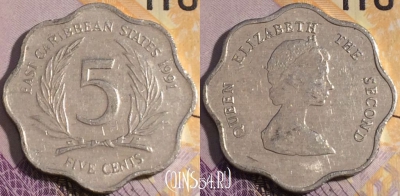 Восточные Карибы 5 центов 1991 года, KM# 12, 186a-058