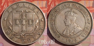 Ямайка 1 пенни 1919 года, KM# 26, 153b-100