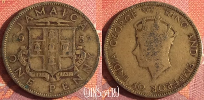 Ямайка 1 пенни 1937 года, KM# 29, 342-019