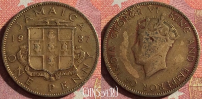 Ямайка 1 пенни 1937 года, KM# 29, 350-099