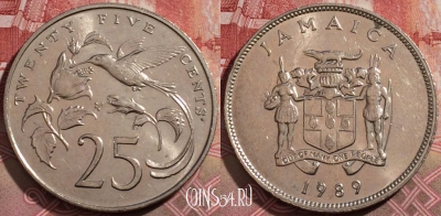 Ямайка 25 центов 1989 года, KM# 49, 217-021