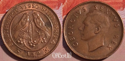 ЮАР (Южная Африка) 1/4 пенни 1950 года, KM# 32.1, a062-015