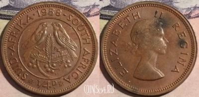 ЮАР (Южная Африка) 1/4 пенни 1958 года, KM# 44, a070-060