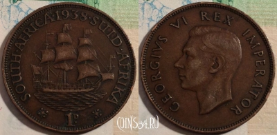 ЮАР (Южная Африка) 1 пенни 1938 года, KM# 25, b079-044