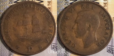 ЮАР (Южная Африка) 1 пенни 1943 года, KM# 25, 159-026