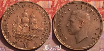ЮАР (Южная Африка) 1 пенни 1948 года, KM# 34.1, 136j-138