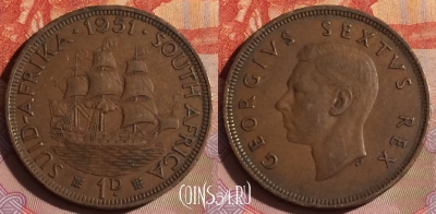 ЮАР (Южная Африка) 1 пенни 1951 года, KM# 34.2, 335-112