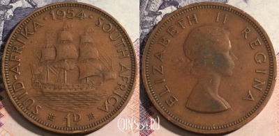 ЮАР (Южная Африка) 1 пенни 1954 года, KM# 46, 168-118