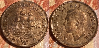 Южная Африка 1/2 пенни 1942 года, KM# 24, 464q-574 ♛