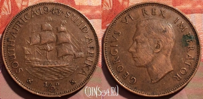 ЮАР (Южная Африка) 1/2 пенни 1943 года, KM# 24, 245a-064