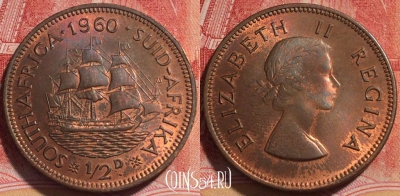 ЮАР (Южная Африка) 1/2 пенни 1960 года, KM# 45, 256-068