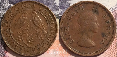 ЮАР (Южная Африка) 1/4 пенни 1954 года, KM# 44, 163-080