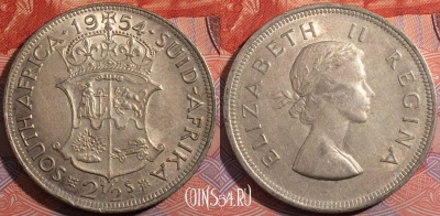 Монета ЮАР (Южная Африка) 2,5 шиллинга 1954 года, Ag, KM# 51, 183-102