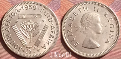 ЮАР (Южная Африка) 3 пенса 1959 года Ag, UNC, 333j-093