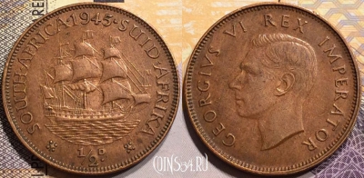 ЮАР 1/2 пенни 1945 года, Король Георг VI, KM# 24, 140-052