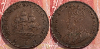 ЮАР (Южная Африка) 1 пенни 1936 года, KM# 14.3, 255-077