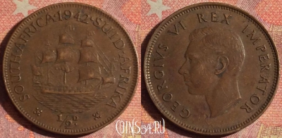 ЮАР (Южная Африка) 1/2 пенни 1942 года, KM# 24, 166i-109
