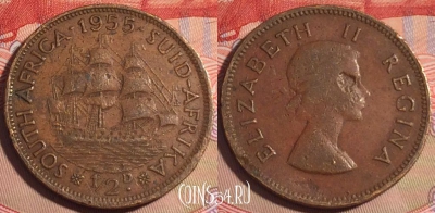 ЮАР (Южная Африка) 1/2 пенни 1955 года, KM# 45, 202a-052