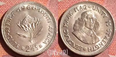 Южная Африка 2 1/2 цента 1961 г., Ag, KM# 58, 365-027