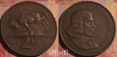 ЮАР 2 цента 1966 года, SOUTH AFRICA, KM# 66.1, 163a-138