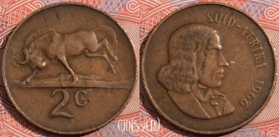 ЮАР 2 цента 1966 года, SUID-AFRIKA, KM# 66.2, b094-101