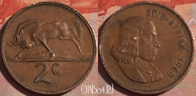 ЮАР 2 цента 1969 года, SUID-AFRIKA, KM# 66.2, 124b-009
