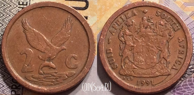 ЮАР 2 цента 1991 года, KM# 133, 148-045