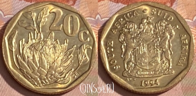 ЮАР 20 центов 1994 года, KM# 136, 340p-141 ♛