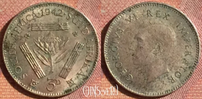 Южная Африка 3 пенса 1942 года Ag, KM# 26, 187i-032