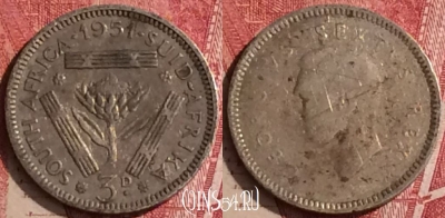 Южная Африка 3 пенса 1951 года Ag, KM# 35.2, 454o-092 ♛