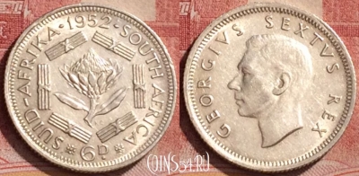 ЮАР 6 пенсов 1952 года, Ag, KM# 36.2, UNC, 163l-106