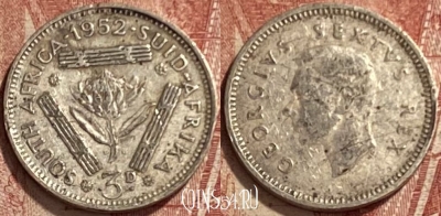 Южная Африка 3 пенса 1952 года Ag, KM# 35.2, 338q-142