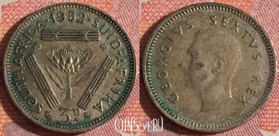 Южная Африка 3 пенса 1952 года Ag, KM# 35.2, 366-087