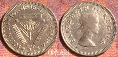 Южная Африка 3 пенса 1956 года Ag, KM# 47, 295o-106