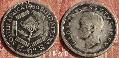 Южная Африка 6 пенсов 1950 года Ag, KM# 35.1, 050p-004