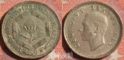 Южная Африка 6 пенсов 1952 года Ag, KM# 35.2, 373-029