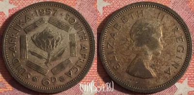 Южная Африка 6 пенсов 1957 года Ag, KM# 48, 366-083