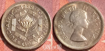 Южная Африка 6 пенсов 1958 года Ag, KM# 48, 293o-143