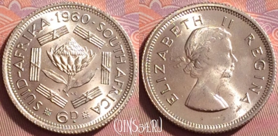 Южная Африка 6 пенсов 1960 года Ag, KM# 48, 049k-181 ♛