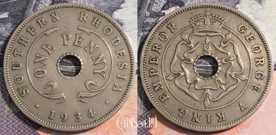 Южная Родезия 1 пенни 1934 года, KM# 7, 165-133