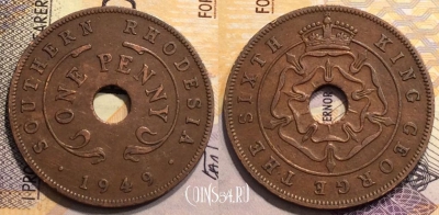 Южная Родезия 1 пенни 1949 года,	KM# 25, 152-139