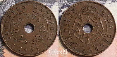Южная Родезия 1 пенни 1951 года, KM# 25, a075-011