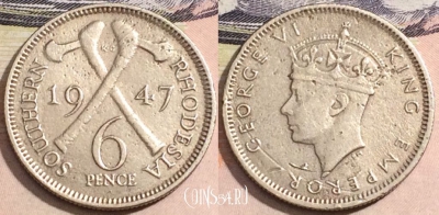 Южная Родезия 6 пенсов 1947 года, KM# 17b, 171-084